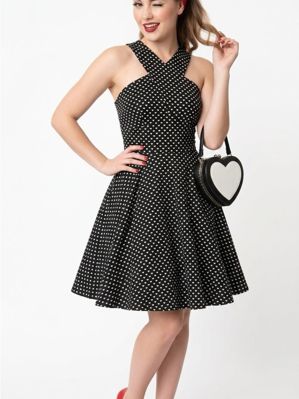 Candie's Black and White Heart-Print One-Shoulder Fit & Flare Dress